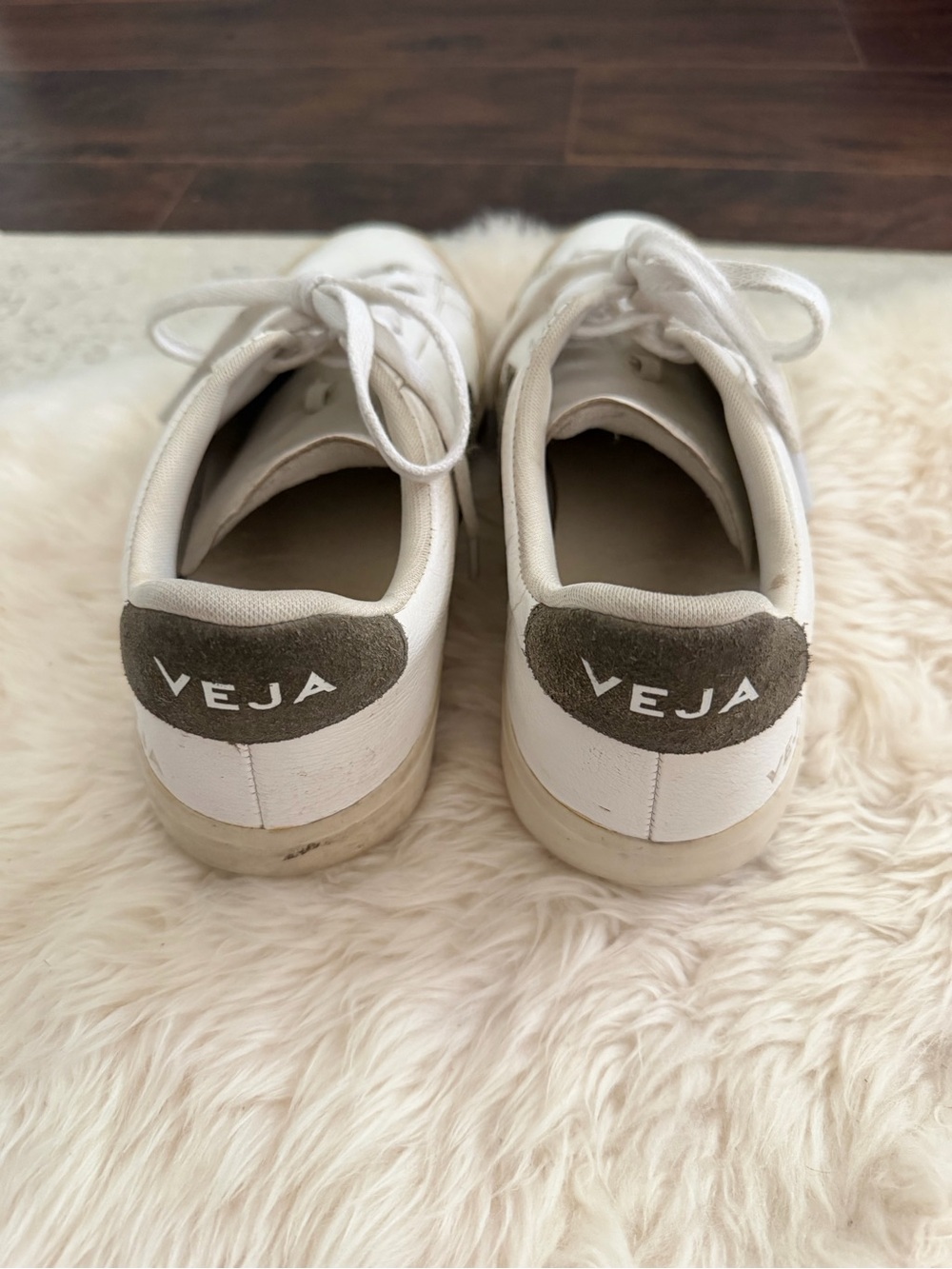 Veja Women's White Leather Sneakers with Olive Suede V - Picture 5 of 6